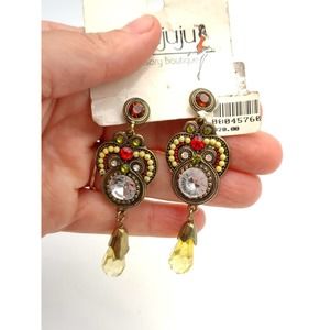FANCY MULTI COLOR CRYSTAL DANGLE PIERCED EARRINGS ON CARD BY BIJUJU